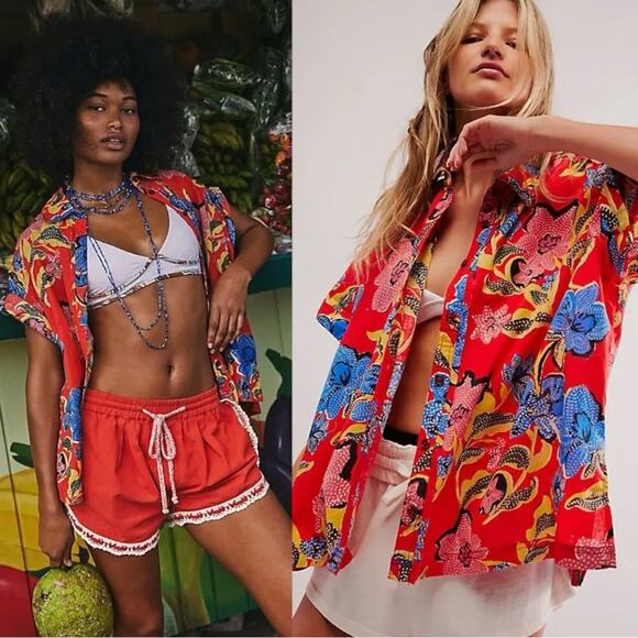 Free People Oversized Floral Tropical Retro Tropics Palm Dad Shirt Top Red Large